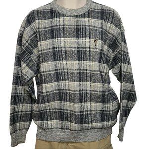 Vintage IZOD Club Men's Sz L Knit Pullover Sweater Gray Black Plaid Piper Logo
